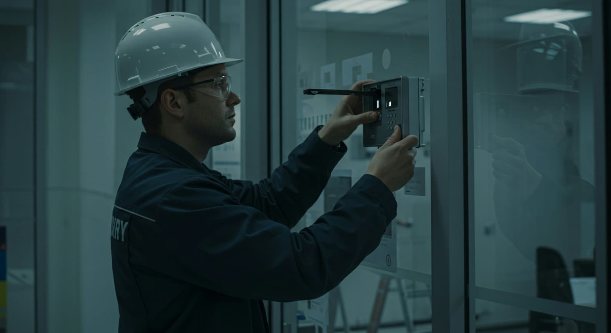 An installer fitting an access control panel to a wall beside a glazed door